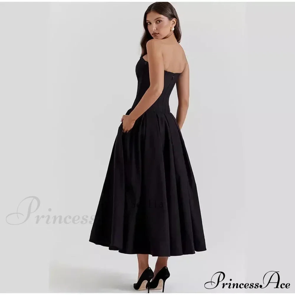 Solid Off-Shoulder Backless Strapless High-Waisted Elegant Maxi Dress