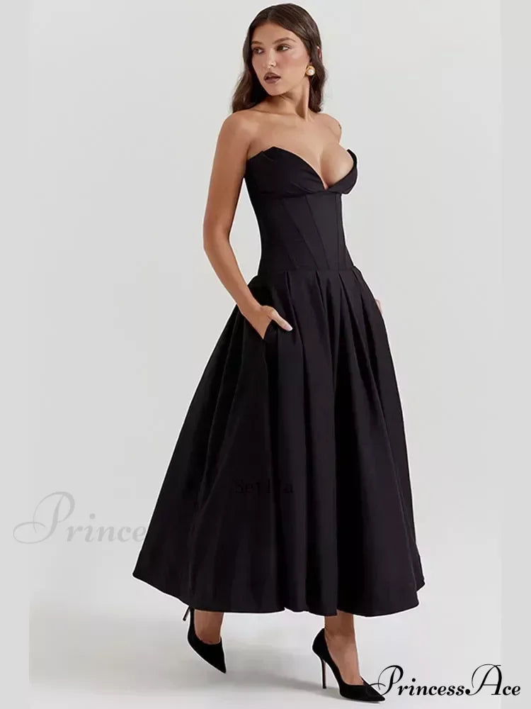 Solid Off-Shoulder Backless Strapless High-Waisted Elegant Maxi Dress