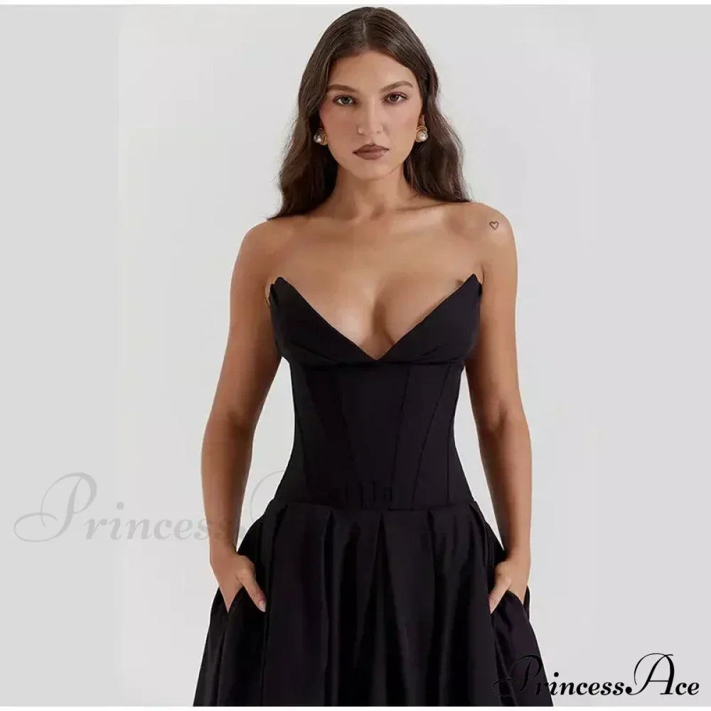 Solid Off-Shoulder Backless Strapless High-Waisted Elegant Maxi Dress