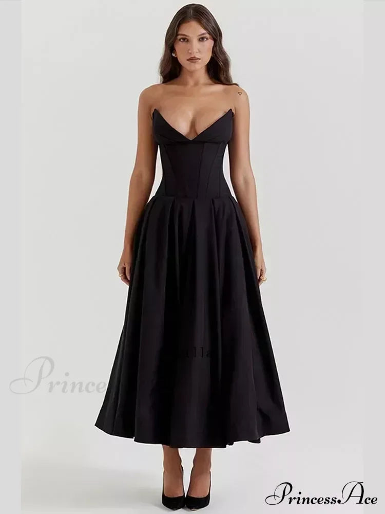 Solid Off-Shoulder Backless Strapless High-Waisted Elegant Maxi Dress