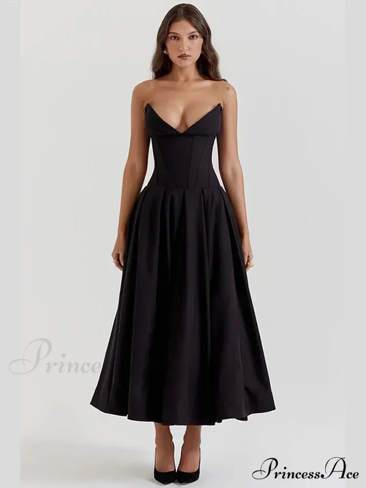 Solid Off-Shoulder Backless Strapless High-Waisted Elegant Maxi Dress