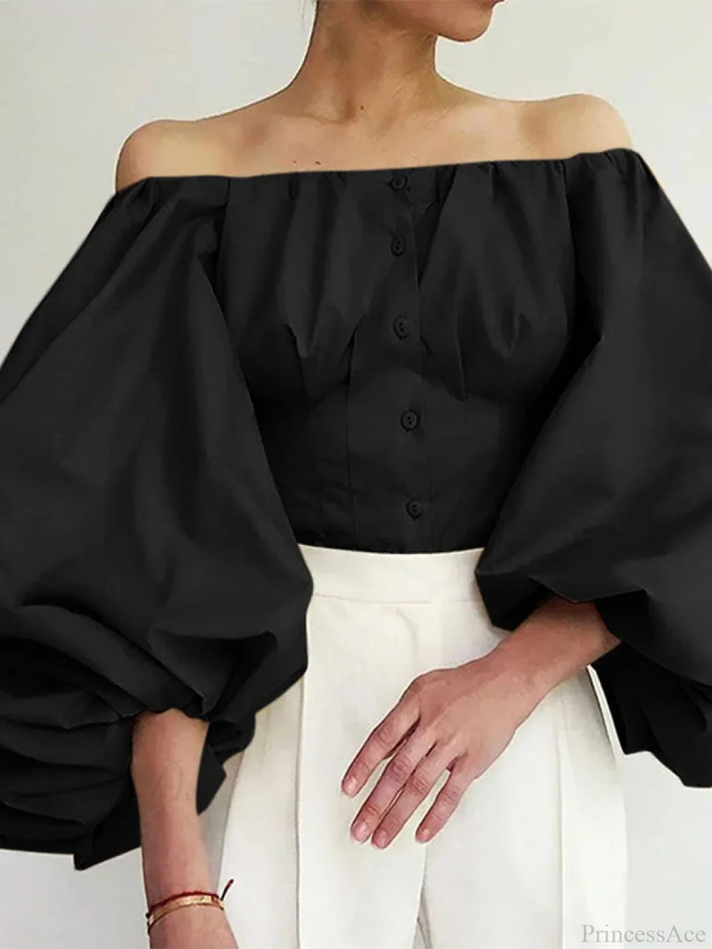 Solid Off-Shoulder Lantern Sleeve Blouse