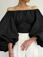 Solid Off-Shoulder Lantern Sleeve Blouse