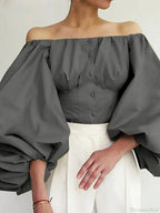 Solid Off-Shoulder Lantern Sleeve Blouse