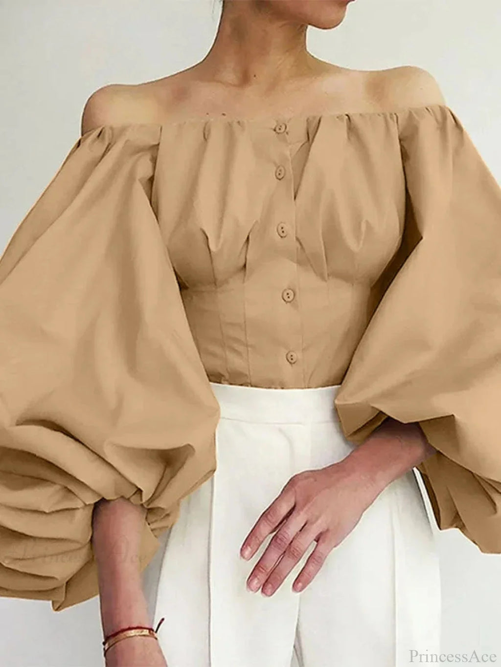 Solid Off-Shoulder Lantern Sleeve Blouse