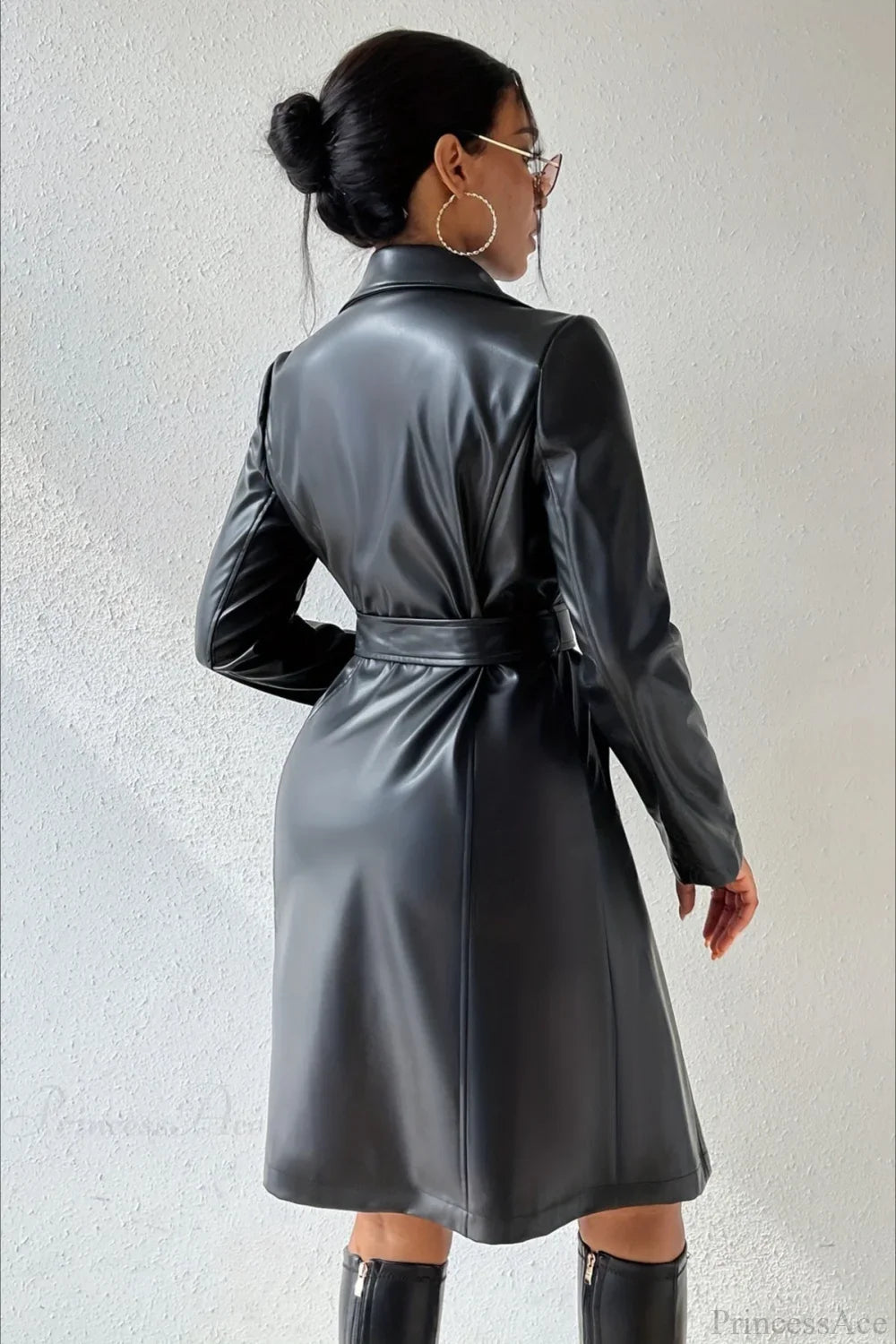 Solid Pu Leather Slim-Fit Overcoat