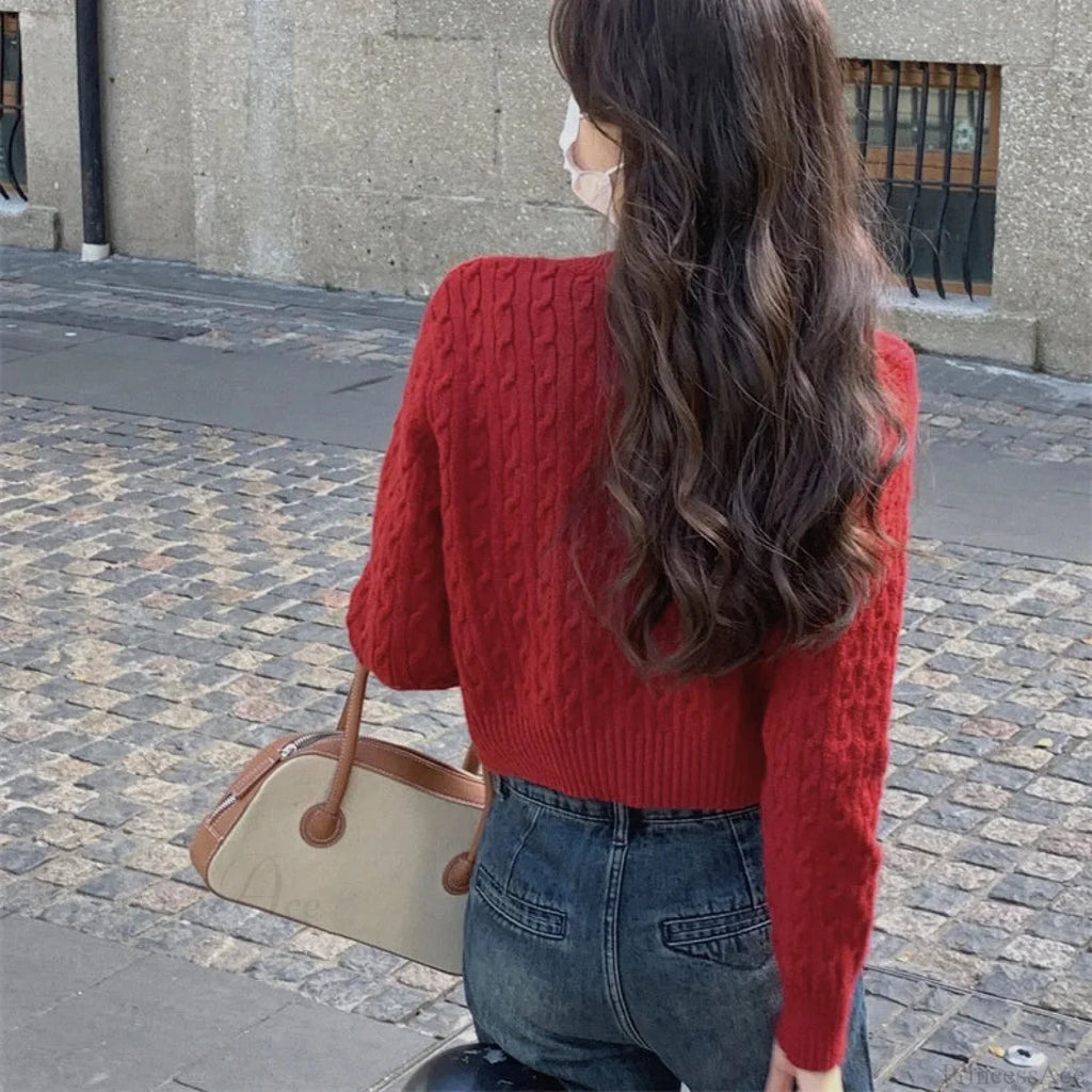 Solid Round Neck Single Breasted 2000S Style Knit Cardigan