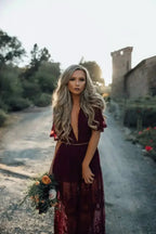Solid Short Sleeve Lace V-Neck Loose Maxi Boho Dress