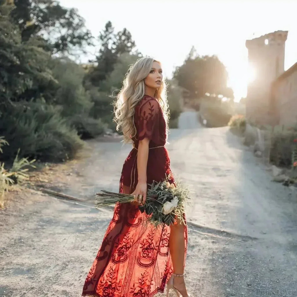 Solid Short Sleeve Lace V-Neck Loose Maxi Boho Dress
