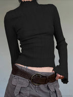Solid Turtleneck Slim Flare Sleeve Long Knit Top