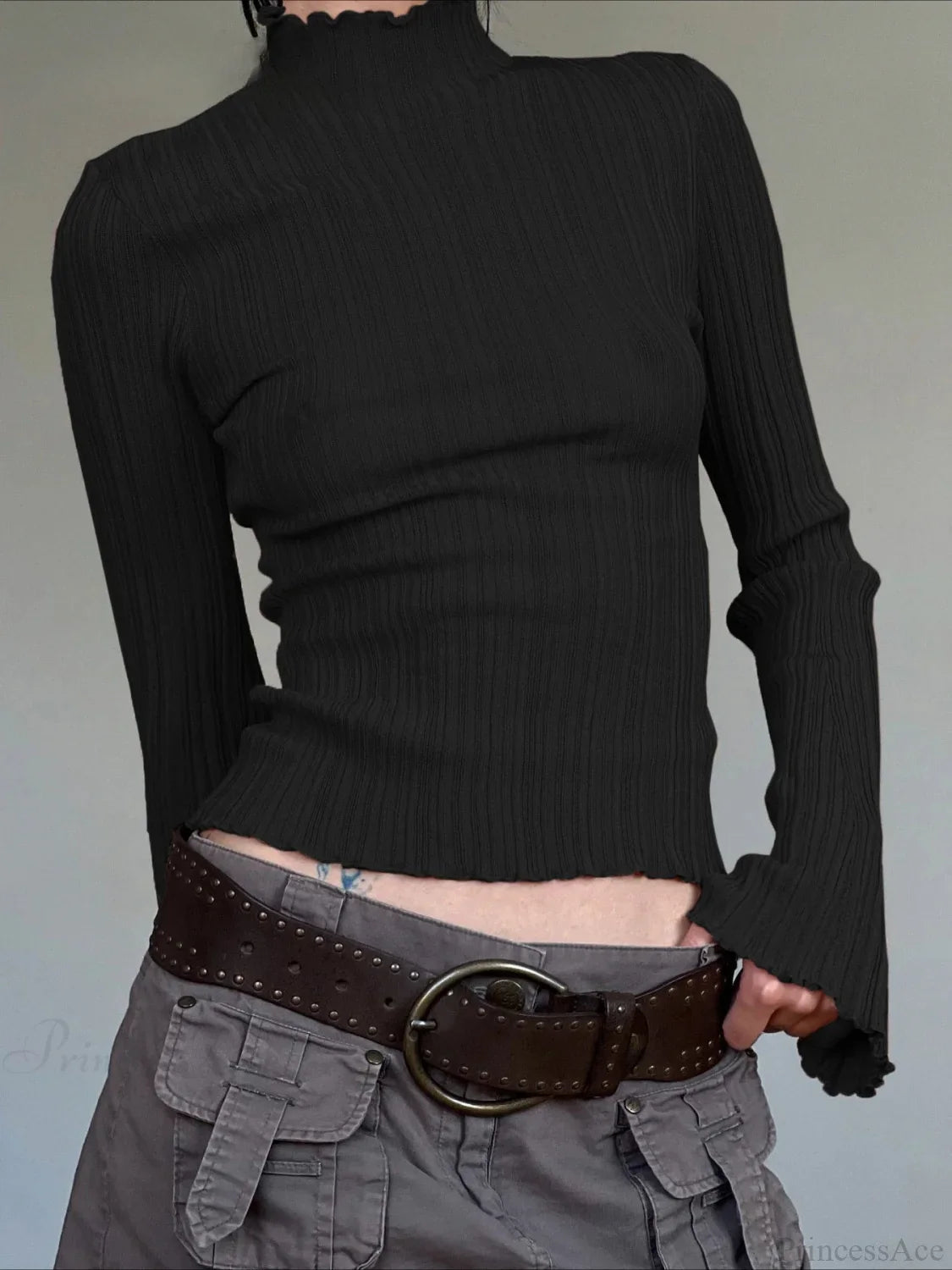Solid Turtleneck Slim Flare Sleeve Long Knit Top