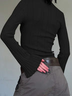 Solid Turtleneck Slim Flare Sleeve Long Knit Top
