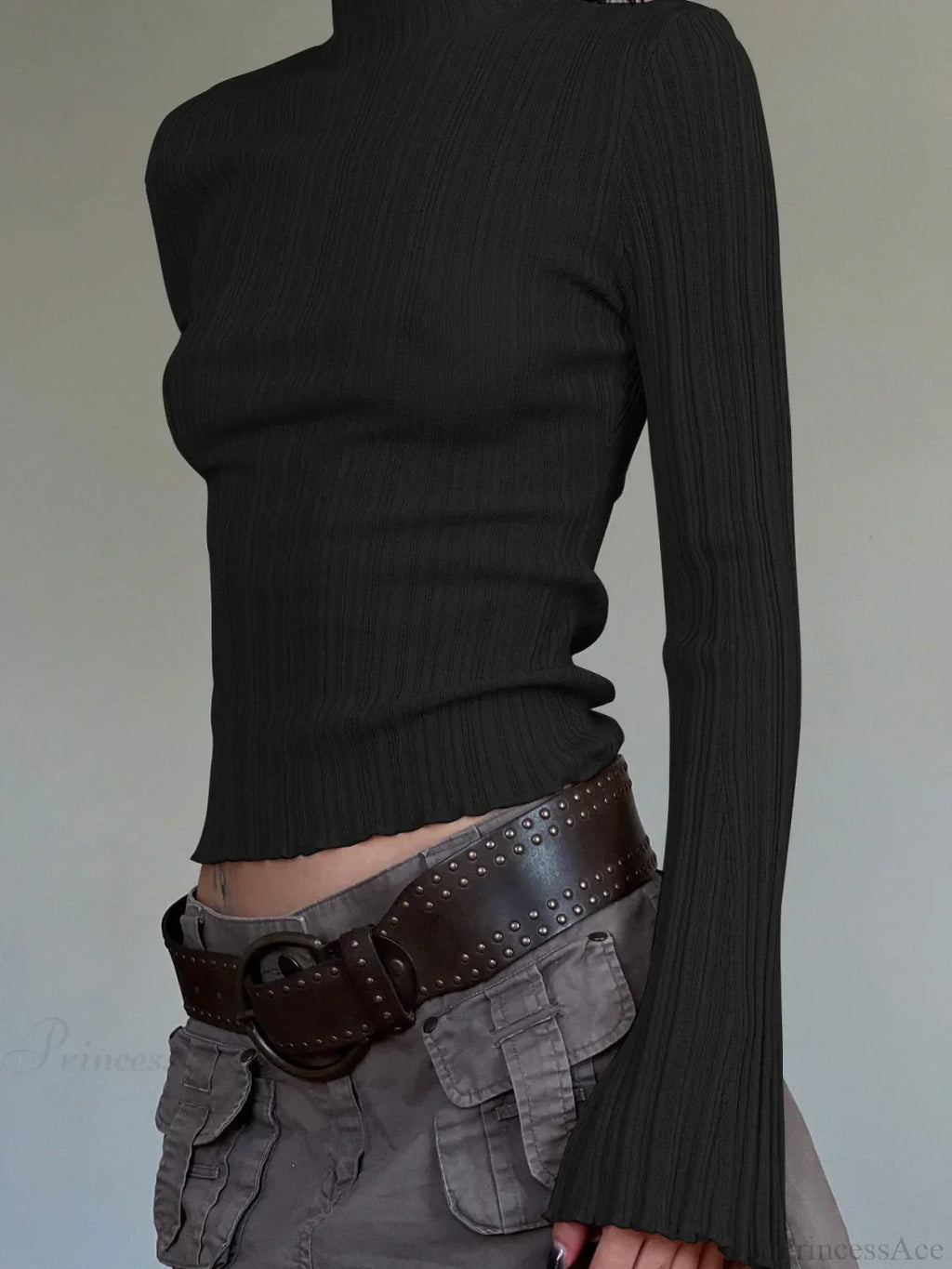 Solid Turtleneck Slim Flare Sleeve Long Knit Top