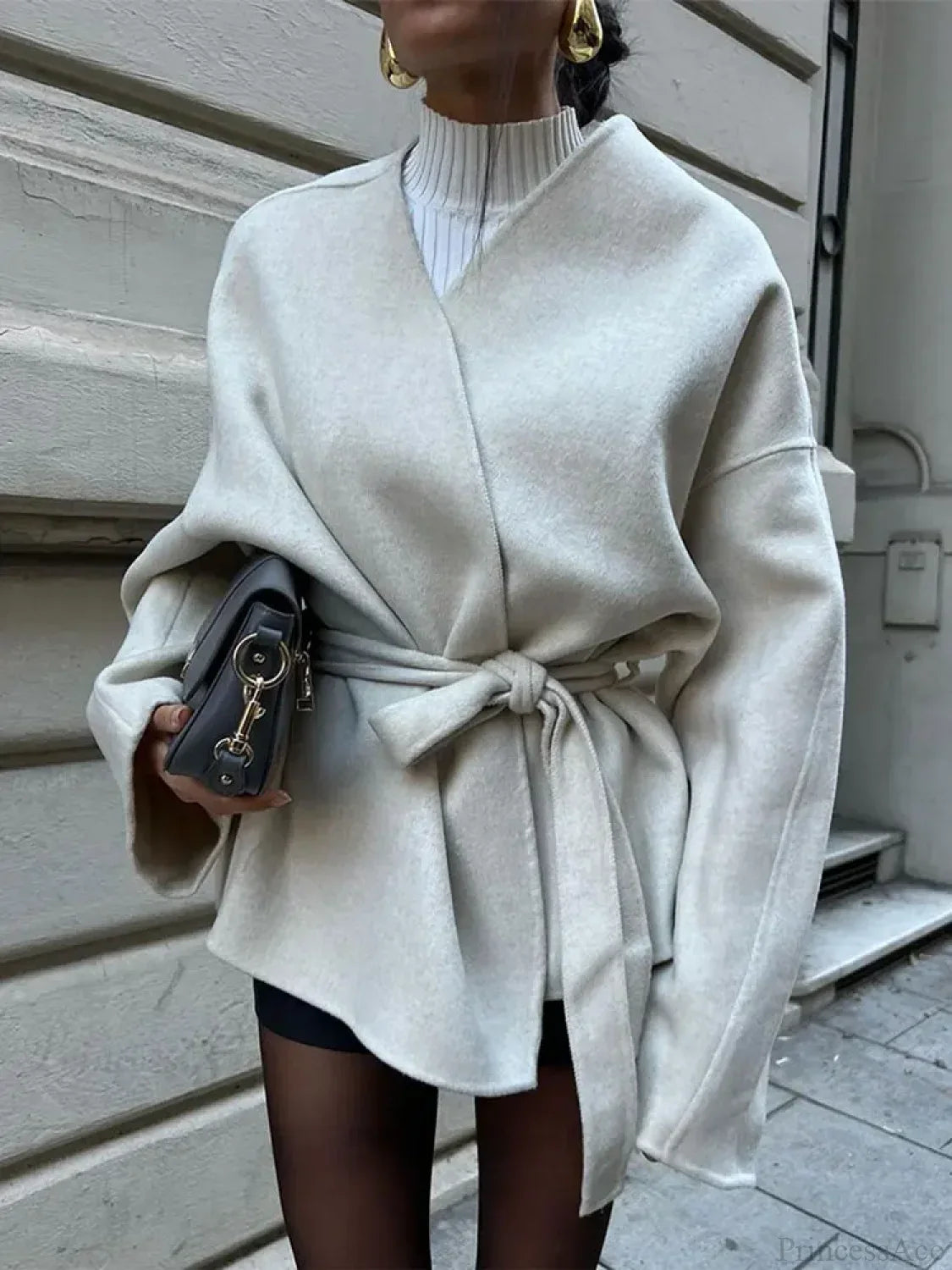 Solid V-Neck Lace-Up Coat