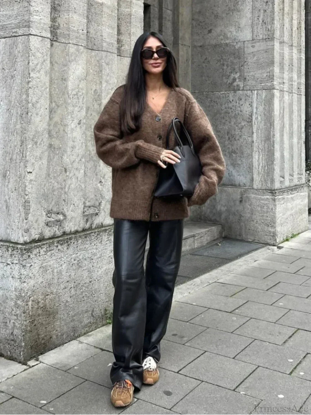 Solid V-Neck Mohair Loose Cardigan