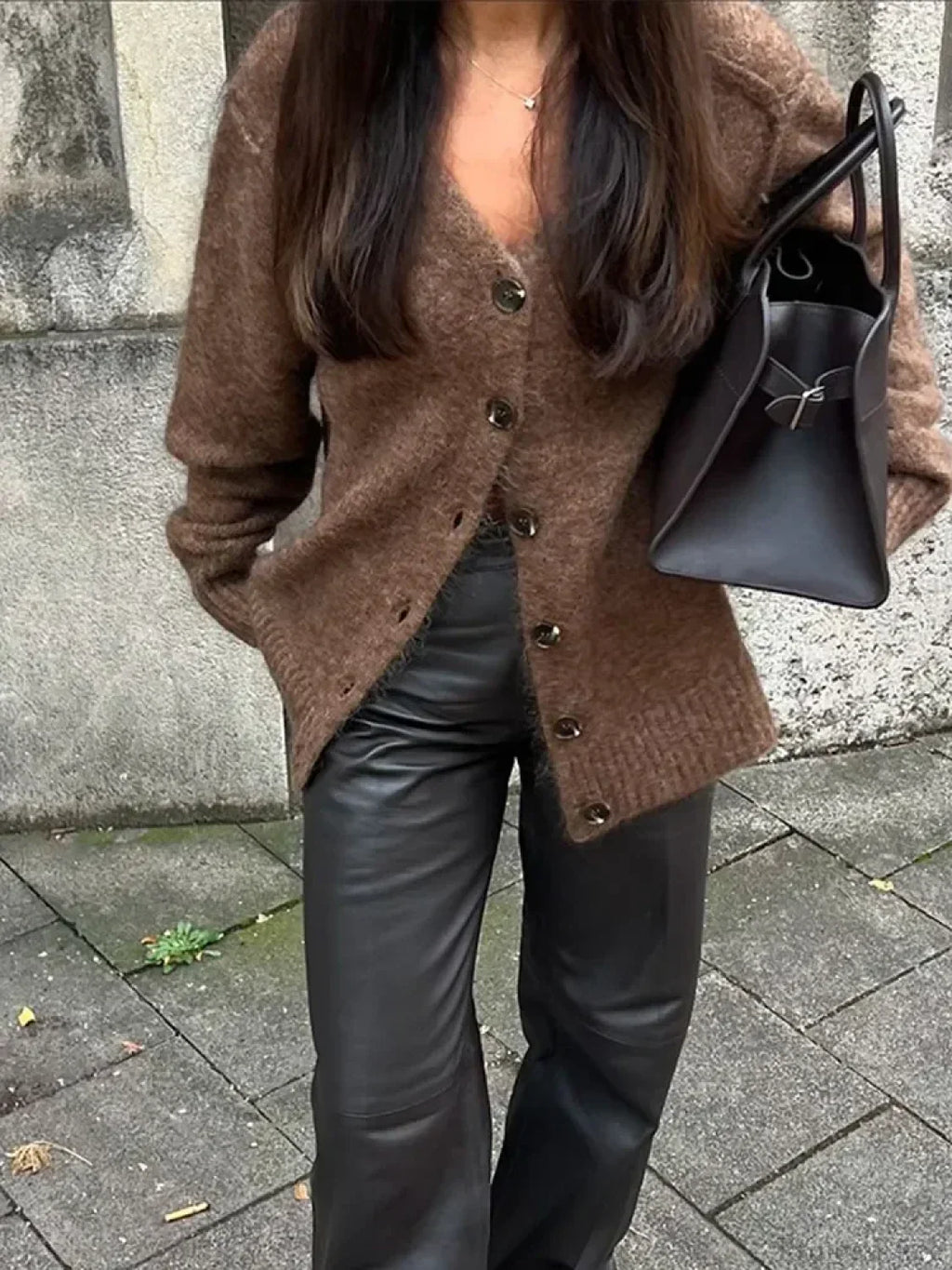 Solid V-Neck Mohair Loose Cardigan