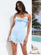 Spaghetti Party Coastal Strap Mini Gown Elegant Flower Off-Shoulder Robe Women Backless Bodycon Ruffle Dress