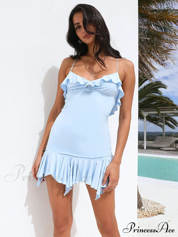 Spaghetti Party Coastal Strap Mini Gown Elegant Flower Off-Shoulder Robe Women Backless Bodycon Ruffle Dress