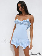 Spaghetti Party Coastal Strap Mini Gown Elegant Flower Off-Shoulder Robe Women Backless Bodycon Ruffle Dress