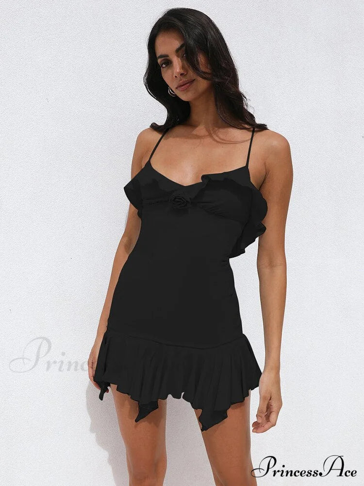 Spaghetti Party Coastal Strap Mini Gown Elegant Flower Off-Shoulder Robe Women Backless Bodycon Ruffle Dress