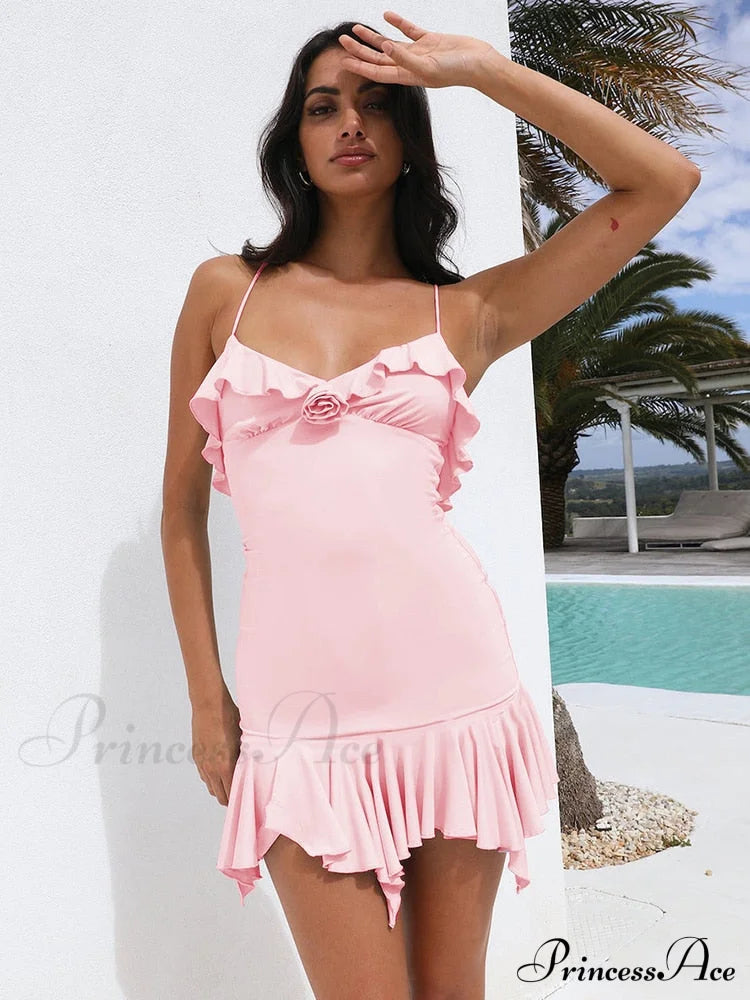 Spaghetti Party Coastal Strap Mini Gown Elegant Flower Off-Shoulder Robe Women Backless Bodycon Ruffle Dress