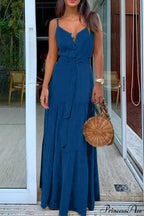 Spaghetti Strap Button Bandage Maxi Dress