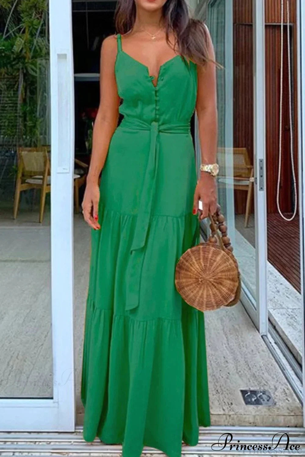 Spaghetti Strap Button Bandage Maxi Dress