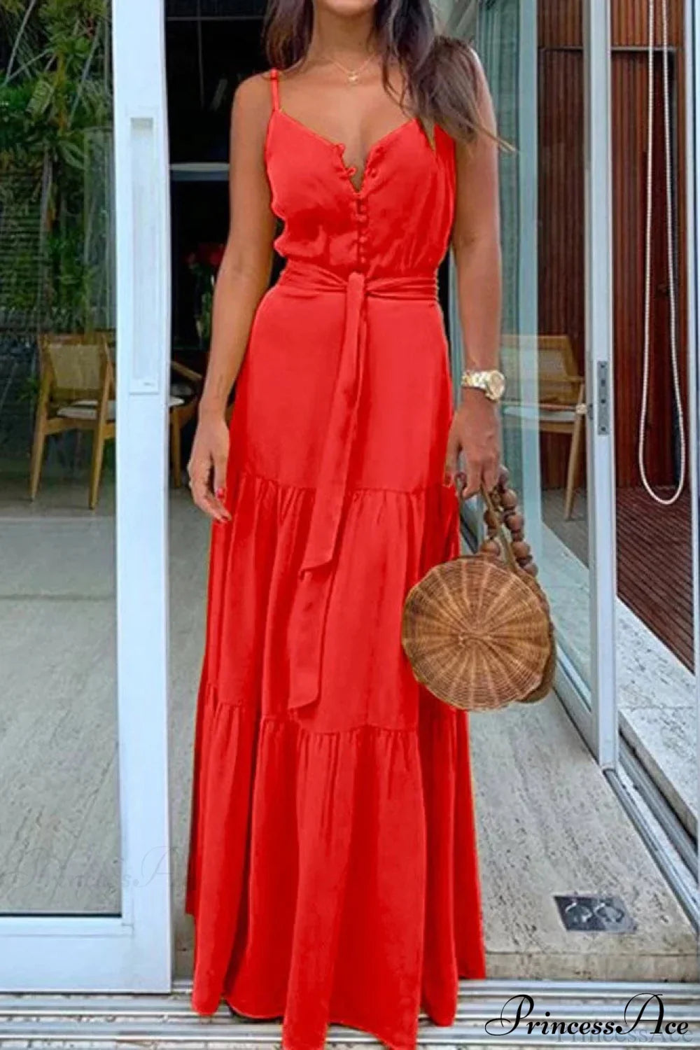 Spaghetti Strap Button Bandage Maxi Dress