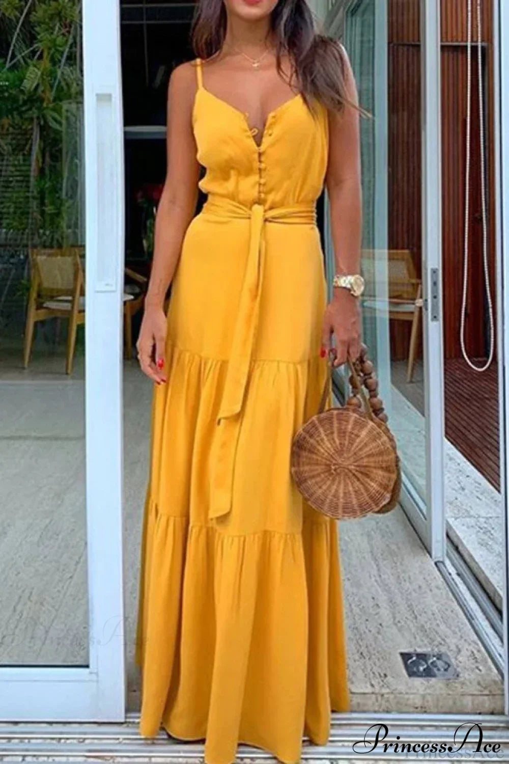 Spaghetti Strap Button Bandage Maxi Dress