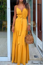 Spaghetti Strap Button Bandage Maxi Dress