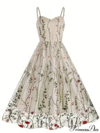 Spaghetti Strap Embroidered Tulle Panel Retro Floral Dress