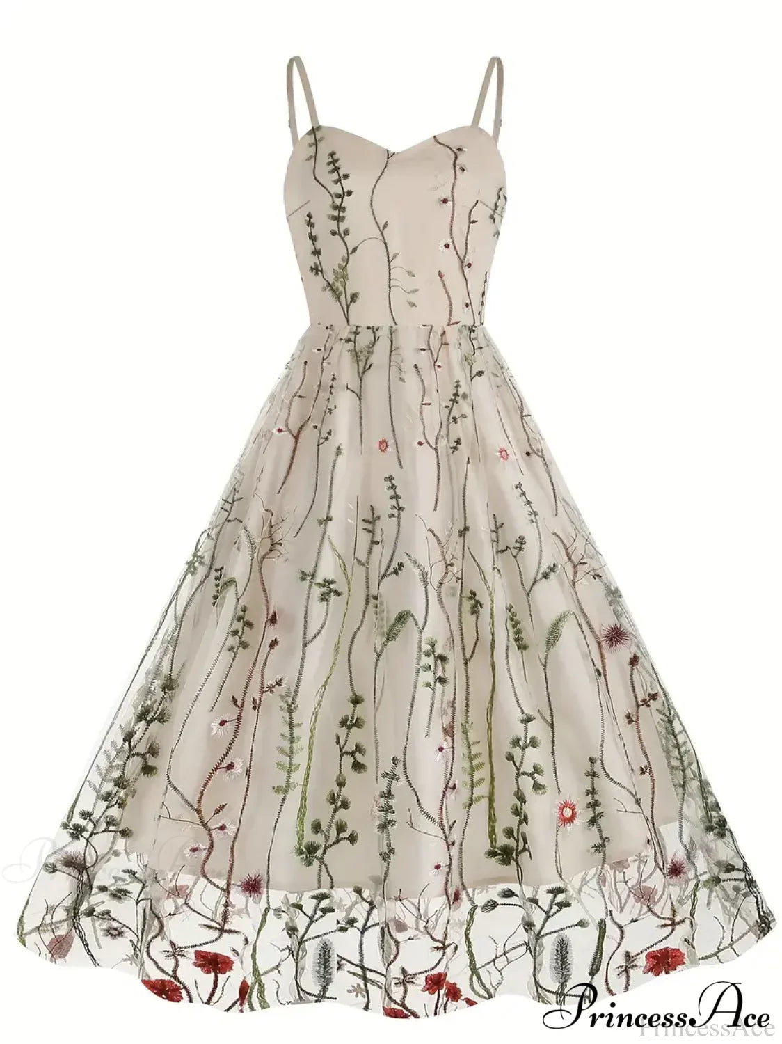 Spaghetti Strap Embroidered Tulle Panel Retro Floral Dress