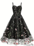 Spaghetti Strap Embroidered Tulle Panel Retro Floral Dress