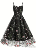 Spaghetti Strap Embroidered Tulle Panel Retro Floral Dress