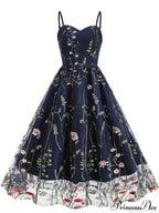 Spaghetti Strap Embroidered Tulle Panel Retro Floral Dress