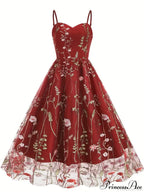 Spaghetti Strap Embroidered Tulle Panel Retro Floral Dress