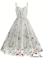 Spaghetti Strap Embroidered Tulle Panel Retro Floral Dress