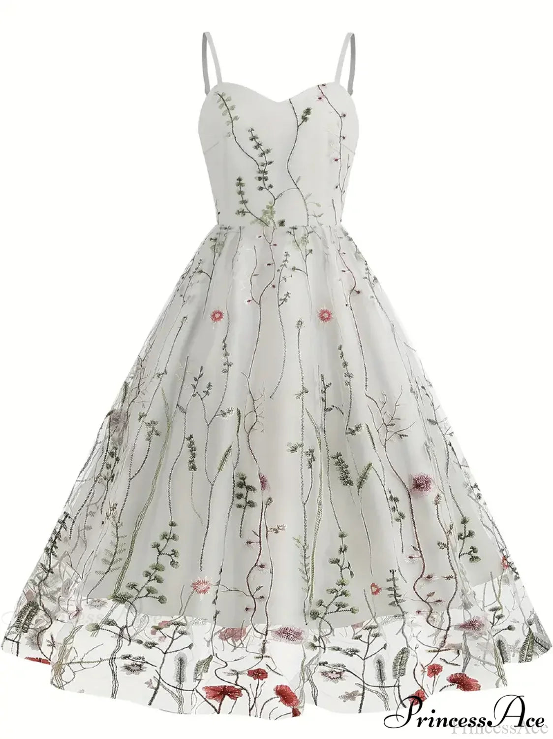 Spaghetti Strap Embroidered Tulle Panel Retro Floral Dress