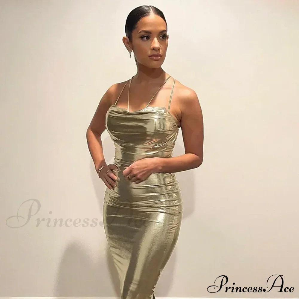 Spaghetti Strap Gold Midi Wrap Chest Slim Backless Summer Party Club Bodycon Dress
