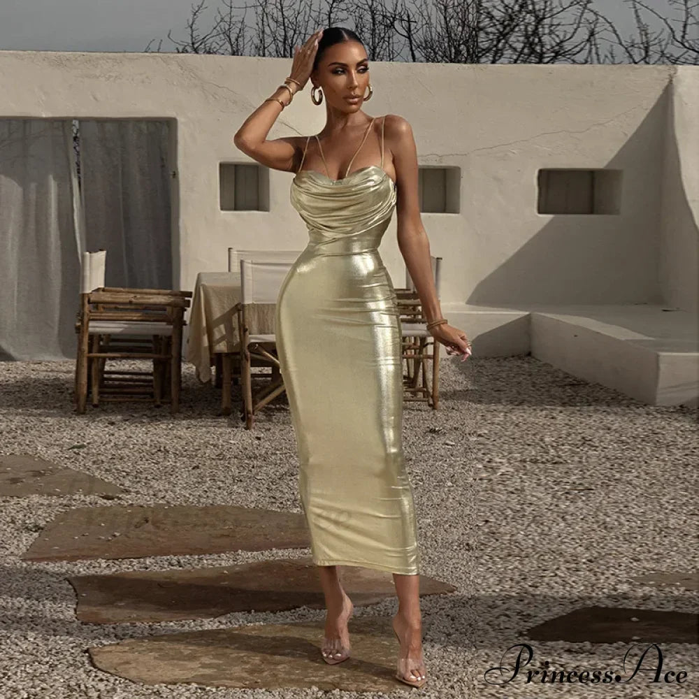 Spaghetti Strap Gold Midi Wrap Chest Slim Backless Summer Party Club Bodycon Dress