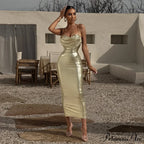 Spaghetti Strap Gold Midi Wrap Chest Slim Backless Summer Party Club Bodycon Dress