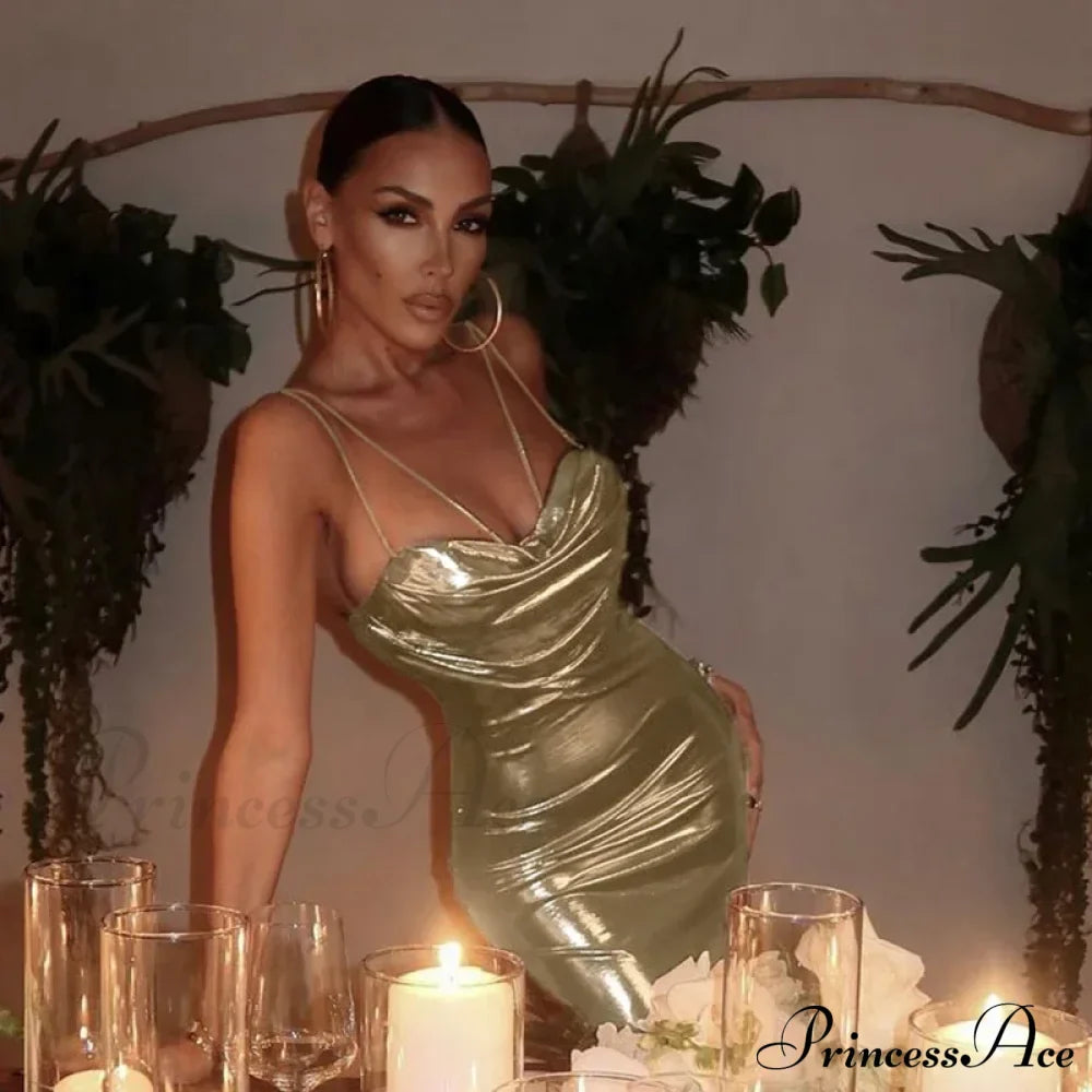 Spaghetti Strap Gold Midi Wrap Chest Slim Backless Summer Party Club Bodycon Dress