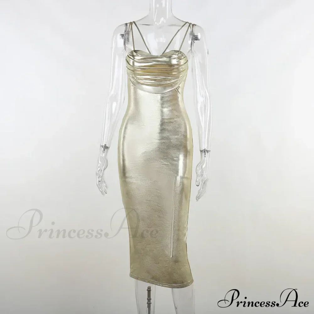 Spaghetti Strap Gold Midi Wrap Chest Slim Backless Summer Party Club Bodycon Dress