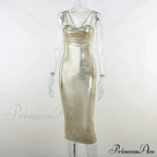 Spaghetti Strap Gold Midi Wrap Chest Slim Backless Summer Party Club Bodycon Dress