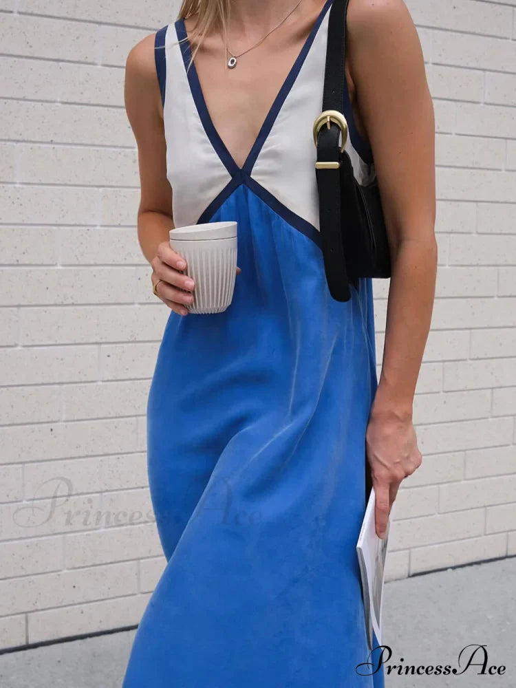 Splicing V-Neck Charming Contrasting Color Dress