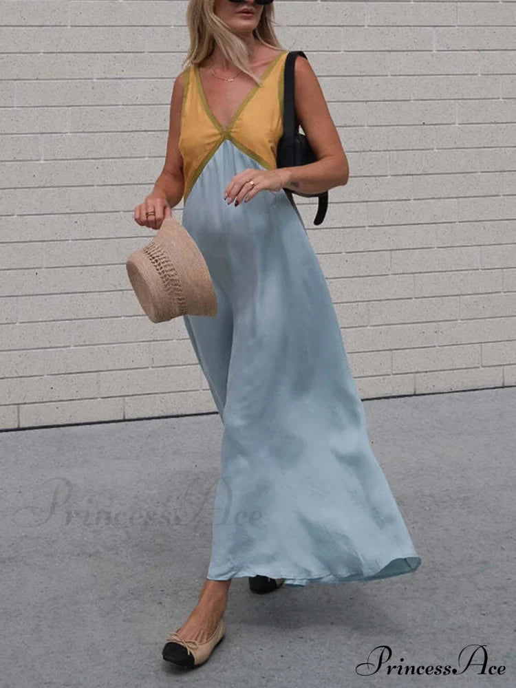 Splicing V-Neck Charming Contrasting Color Dress