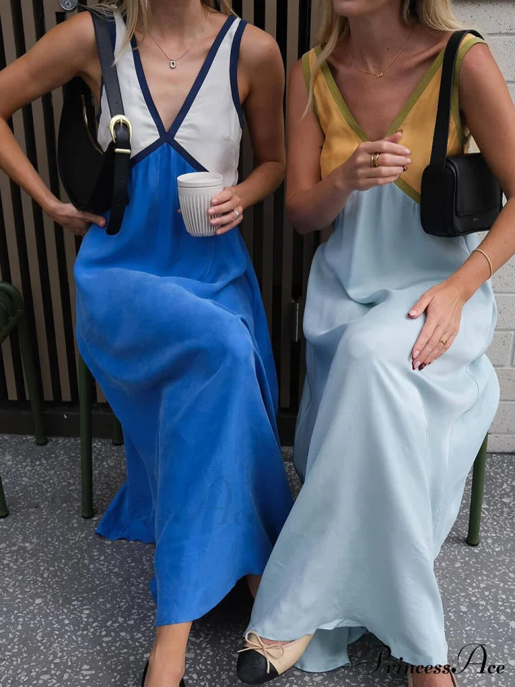 Splicing V-Neck Charming Contrasting Color Dress