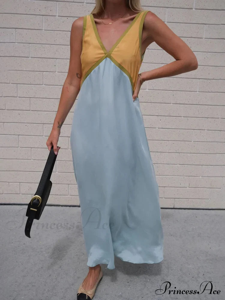 Splicing V-Neck Charming Contrasting Color Dress