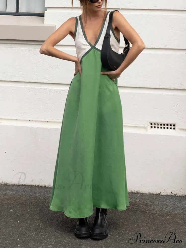 Splicing V-Neck Charming Contrasting Color Dress