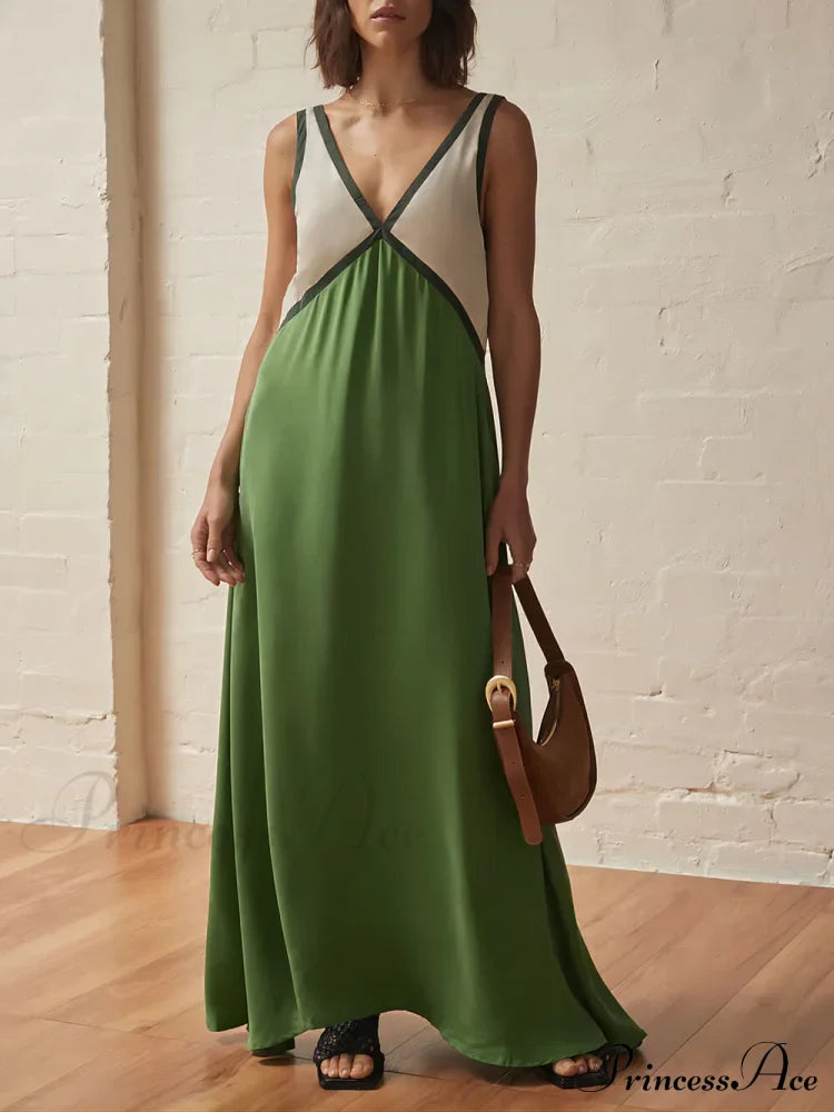 Splicing V-Neck Charming Contrasting Color Dress